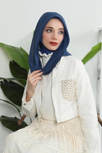 Aisha's Design Pre-tied Cotton-Chiffon Scarf for Women Practical Veil Instant Scarf Hijab Stylish Design - color: Dark Blue