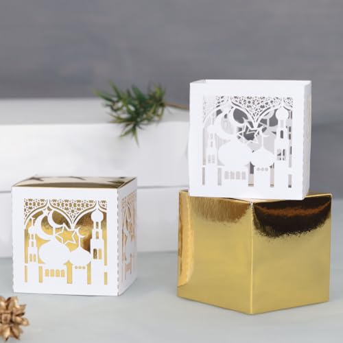EUBUY 50 Pack Ramadan Treat Boxes, Islam Ramadan Party Candy Boxes, Ramadan Gift Boxes with Ribbons for Muslim Eid Party Supplies, Middle Eastern Festival Favor Boxes - color: white
