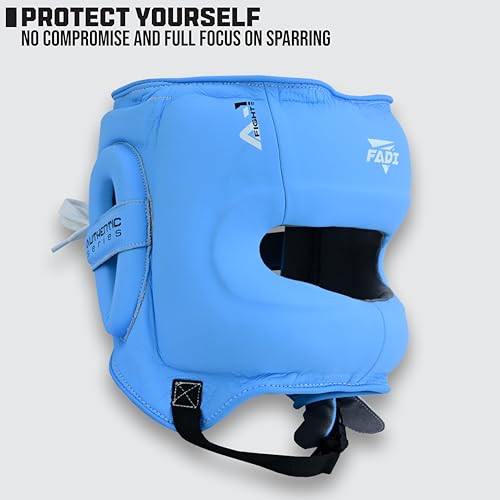 A1 Boxing Sparring Headgear – Face Saver Head Guard with Nose Protection, Cowhide Leather Boxing Headgear for MMA, Muay Thai & Kickboxing Training - color: Blue, size: Small-Medium