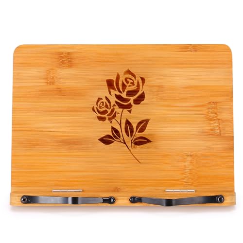 MEGREZ Bamboo Book Stand 11 x 8.0 inch, Foldable Cookbook Holder with 6 Adjustable Height, Reading Book Holder for Recipe, Music Book, Textbook, Tablet Stand, Rose - color: Rose, size: 11.0 x 8.0 inch