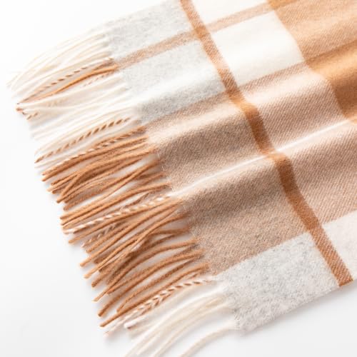 100% Pure Cashmere Scarf for Women Men, Warm Winter Wrap - color: Off White Camel Grey Block