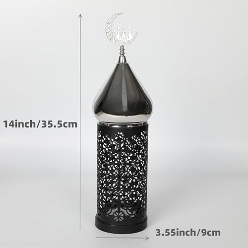 Moroccan Style LED Candle Lantern , 14 Inch Lantern Indoor for Ramadan Decorative Metal Lamp (Black)