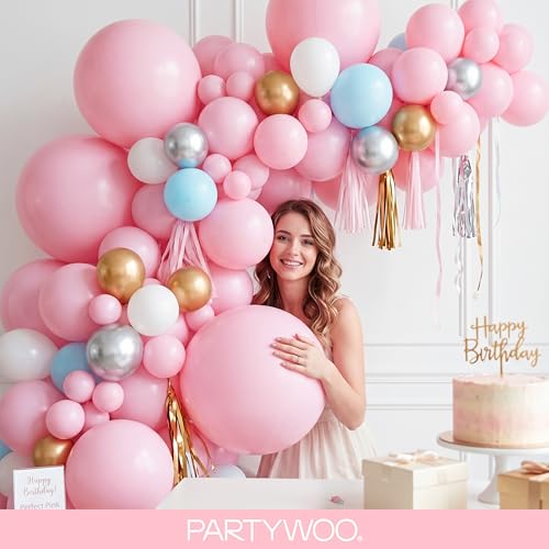 PartyWoo 베이비 핑크 풍선 128피스 다양한 사이즈 45.7cm(18인치), 30.5cm(12인치), 25.4cm(10인치), 12.7cm(5인치) 파스텔 페일 라이트 핑크 풍선 아치 키트 화환 베이비 샤워 성별 공개 생일 공주 파티 장식 핑크-Q05 - color: 핑크-q05