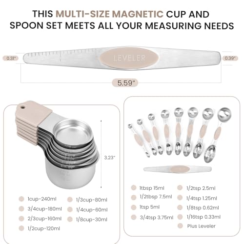 Magnetic Measuring Cups and Spoons Set-Heavy Duty 304 Stainless Steel | Double Measurement Markings,BPA-Free,Set of 16 with Leveler for Measuring Dry and Liquid Ingredients(Khaki) - color: Khaki