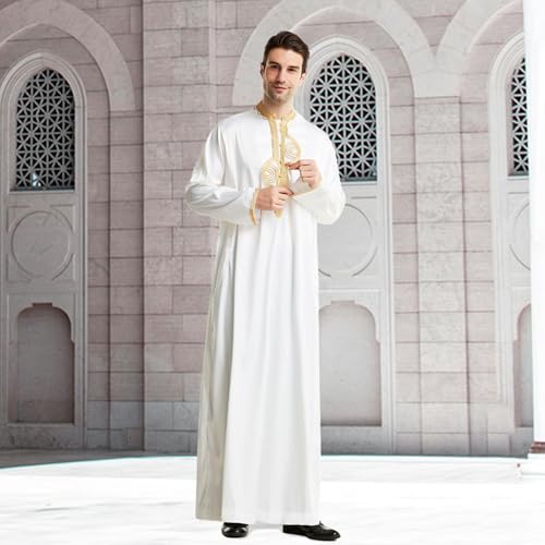zhxinashu Thobe for Men Islam Long Sleeve Mens Kaftan Thobe Muslim Men Clothing - color: White, size: Large