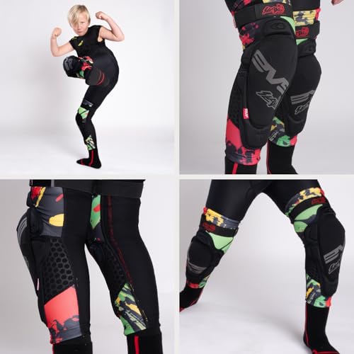 EVS SLAYCO96 AXELL Hodges, Moto Knee/Shin Guard, Reactive Memory Foam | CE Level 3 knee protection with RMF impact foam, breathable Hexprene compression fit, floating sleeve, bio-foam shin coverage - color: Explosion, size: Youth