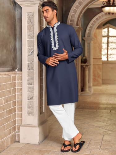 Runcati Mens Kaftan Thobe Cotton Henley Shirt Long Sleeve Embroidery Robe Casual Kurta Muslim Gown Shirt - color: Navy, size: XX-Large