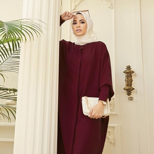 IKADEX Women Batwing Sleeve Abaya Button Loose Fit Long Maxi Muslim Dress Islamic Kaftan Prayer Robe - color: Wine Red
