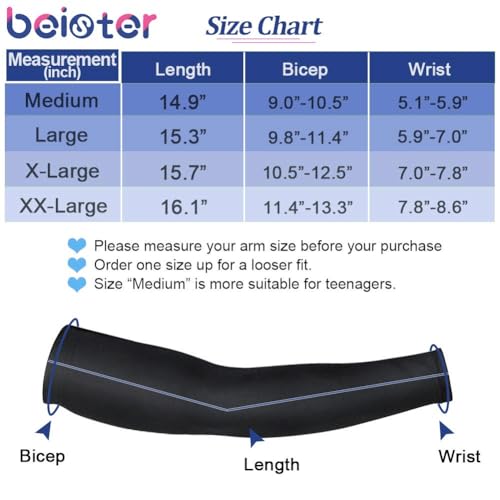 beister UV 및 자외선 차단 암 슬리브, 남성 및 여성용, UPF 50+, 쿨링 스포츠 압박 암 슬리브 - color: 블랙., size: X-Large