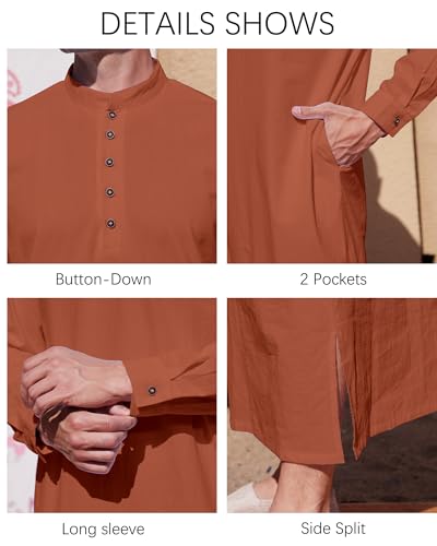 YAOHUOLE Muslim Thobe for Men Button down Mens Caftans Big and Tall Mens Arab Thobe with Pocket - color: Brick Red, size: XX-Large