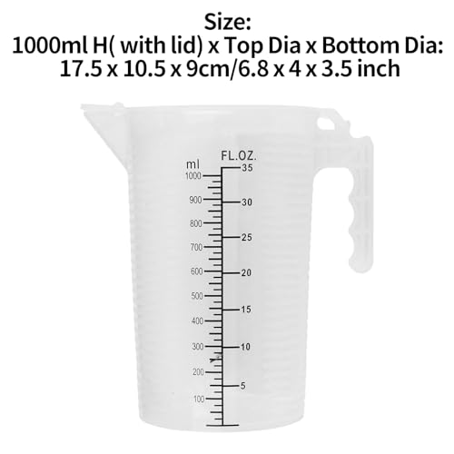 dPois Plastic Measuring Cup Thick Graduated Liquid and Dry Container Measuring with Handle Spout and Lid for Laboratory Kitchen Baking Transparent 1000ml - size: 1000ml
