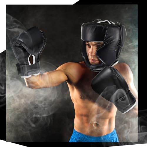 Kanayu 14 Pcs Boxing Gloves and Headgear Set for Beginners Youth 16 Ounce Boxing Gloves Headgear Helmet Hand Wraps Mouth Guards Equipment for Beginners Training Equipment Gifts - color: Black