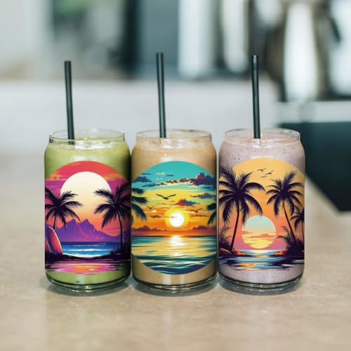 arricraft 10 Pcs Colorful Hawaii Theme Cup Printing UV Transfer Papers, 10 Styles Coconut Trees Ocean UV DTF Cup Wrap Stickers for 16 OZ Glass Cups Crafts 9.5x4.3inch - style: Colorful Hawaii Theme