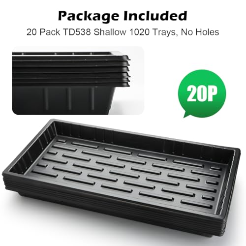 RooTrimmer 20 Pack Shallow 1020 Trays No Holes, Heavy Duty Reusable Seed Starter Flat Seedling Tray for 72/128 Cell Plug Tray, Transplant, Microgreen & Seed Germination (21"×11", 1.6" Deep, TD538) - size: TD538-20P-Black