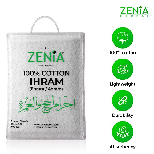 Zenia Natural Hygienic 100% Cotton Ihram (Ahram/Ehram) Towel for Hajj and Umrah - Lightweight and Durable 45 in x 90 in (Ihram)