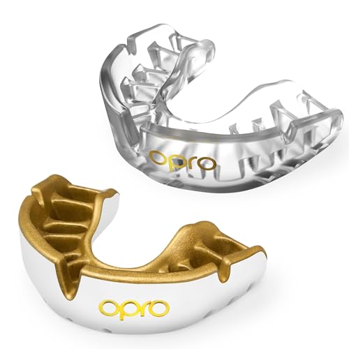 OPRO Gold Level Mouth Guard – Moldable Mouthguard with Superior Comfort, Fit, and Multi-Layer Protection for Boxing, MMA, BJJ, & Football – Includes Mouth Guard Case (Adult, White Gold & Clear)