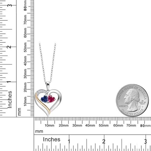 Gem Stone King 2-Heart Couple Name Engraved Pendant Necklace For Women | 925 Sterling Silver & 10K Yellow Gold | Customized and Personalized | Gemstone Birthstone & Lab Grown Diamond | 18 Inch Chain