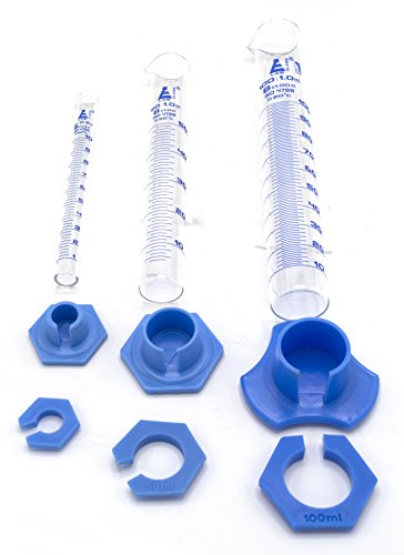 EISCO Graduated Cylinder Set, Class B - 10mL, 50mL & 100mL - Detachable, Plastic Hexagonal Bases & Protective Collars - Blue Graduations - Borosilicate Glass