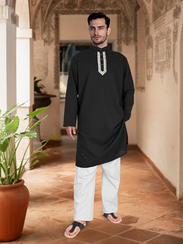 Men’s Kurta Kaftan Robe - Long Sleeve Cotton Linen Muslim Henley Shirt for Ramadan, Prayer & Daily Wear - color: Black, size: Large
