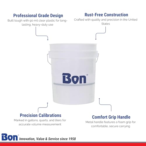 Bon Clear Measuring Pail 5 gal. – Heavy-Duty Calibrated Mixing Bucket with Liter, Quart & Gallon Markings – Solvent-Resistant Plastic Pail with Reinforced Rim and Comfort Grip Handle