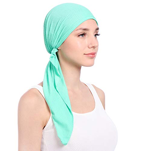 Instant Hijab Solid Beaded Long Tail Turban Wrap Cap Soft Stretchy Breathable Muslim Hair Baseball Hat - color: 02#_green
