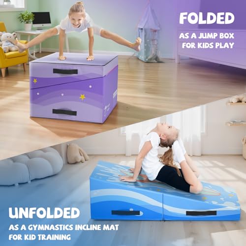 Kangaroo Hoppers Gymnastics Cheese Wedge Mat for Kids Ages 1-12 | 3 Sizes Folding Incline Mat with High-Density EPE Foam and Removable PVC Leather Cover, Home Gym Training Equipment - color: Blue, size: 56" x 28" x 15"