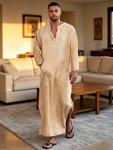 Jacansi Men's 65% Cotton 35% Linen Kaftan Thobe, Long Sleeve Casual Arabic Robe, Loose Long Gown with Pockets - color: Khaki #1, size: XX-Large