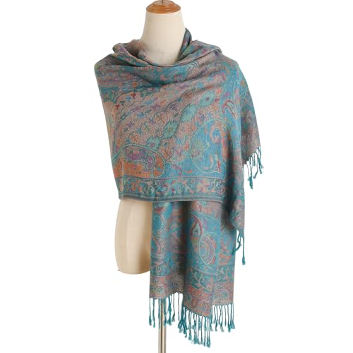 Paisley Pashmina Rave Shawl Scarf-Women's Reversible Ethnic Jacquard Pashmina Wraps for Travel - color: A#. Turquoise