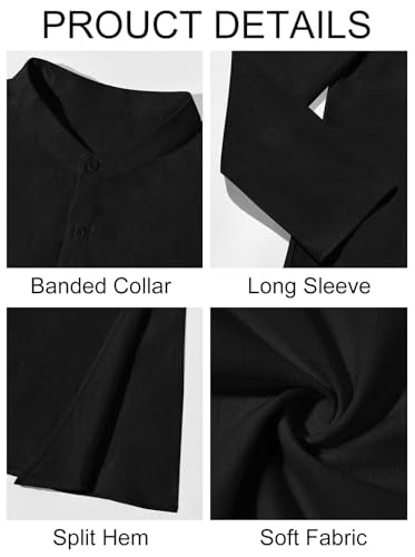 Runcati Mens Kaftan Robe Thobe Cotton Long Sleeve Henley Shirt Casual Muslim Gown Kurta Tops - color: Black, size: Large