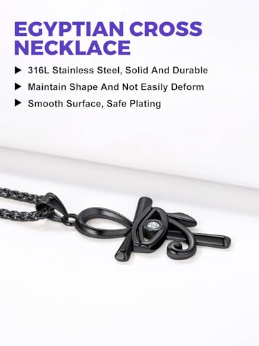 Richsteel Stainless Steel/Gold/Black Plated Ankh Cross Pendant Necklace for Men Women with Wheat Chain Religious Jewelry(with Gift Box) - color: 02-Black Eye