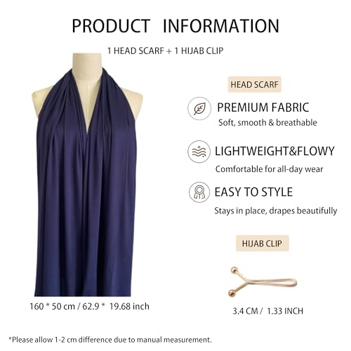 Jersey Hijab Scarf for Women,Lightweight Muslim Turban Head Scarf Modal Feel Hijab Coverings for Prayer with Clip - color: Navy