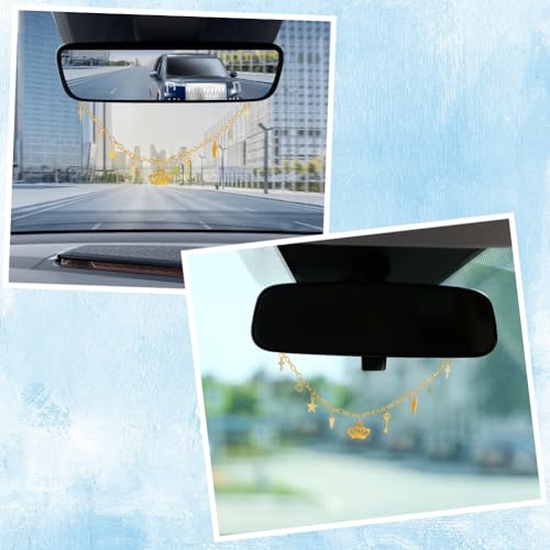 Rearview Mirror Hanging Ornament Gold Car Charm with Crown Cross Star Heart Feather Key and Cone Shapes Aluminum Cute Feminine Aesthetic Rearview Mirror Hanging Car Accessories for Women - style: Gold