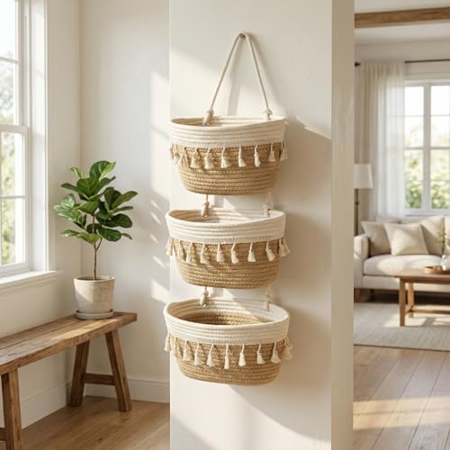 Hanging Basket, Over Door Organizer, 3 -Tier Wall Basket with Hooks | Woven Cotton Basket, Adjustable Hanging Baskets for Organizing, No Drilling for Farmhouse, Boho Home and Nursery Decor - style: Tassel