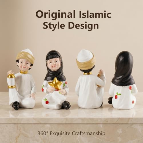 Ramadan Decorations for Home Set of 2 Resin Muslim Boy and Girl Figurines Holding Lantern and Star Islamic Decor Eid Mubarak Table Centerpieces for Iftar Office Desktop Display