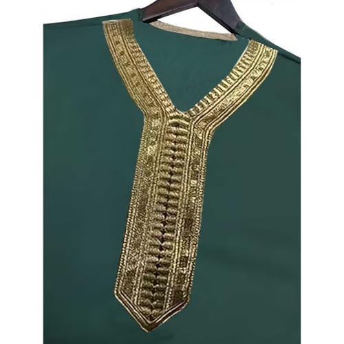 RTTUIOP Men's Muslim Clothes Lace Sleeves V-Neck Thobe Middle East Kaftan Saudi Arab Caftans Islamic Abaya Dress - color: 01-dark Green, size: Medium