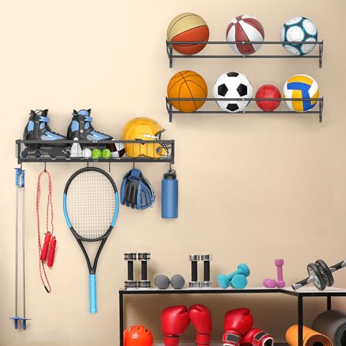 Ball Metal Holder Wall Mount Sports Organizer with 3Tier Shelf Garage Basketball Rack for Balls, Multi-Purpose Wall Ball Storage, Racks for Garage, Equipment Organizer with 6 Hooks, Metal Black(black)