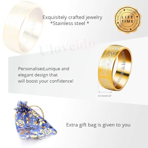 Uloveido Muslim Mohammad Arabic Letter Shahada Rings Gold Color Stainless Steel 8mm Wide Band Religious Allah Rings for Men and Women Y543 - color: Gold