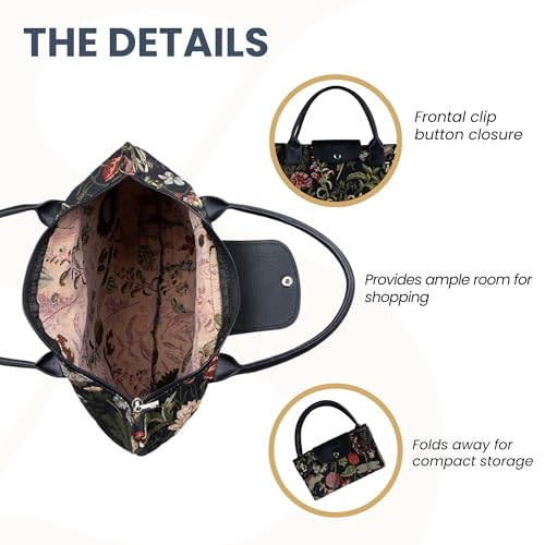 Signare Tapestry Foldable Tote Bag Reusable Shopping Bag Grocery Bag - color: Morning Garden Black