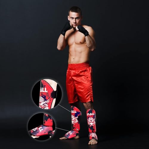 Muay Thai Guards Shin Guards for Kickboxing Martial Arts Kicking BJJ Boxing Equipment MMA Training and Sparring Leg Guard with Instep Protection Pads - color: Red, size: Small