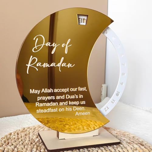 Ramadan Countdown Calendar, Acrylic Wooden Eid Mubarak Advent Countdown Calendar Rotating Moon Shaped Eid Calendar Ramadan Decorations Family Kids Gifts (Golden/white) - color: Golden/white