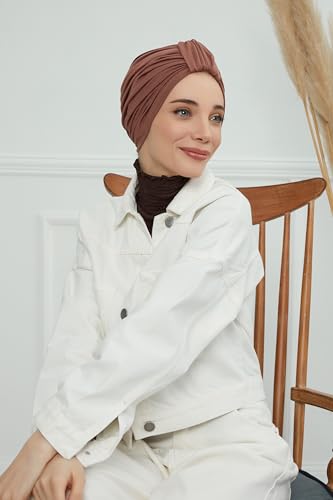 Aisha's Design Instant Turban Plain Cotton Scarf Head Wrap Lightweight Hat Bonnet Cap for Women - color: Caramel Brown