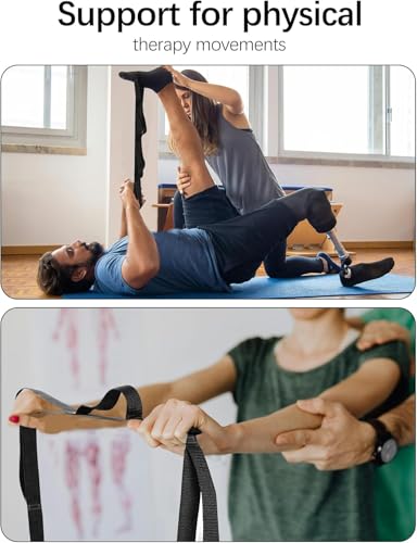 10 Loop Yoga Stretching Strap for Physical Therapy - Non-Elastic Exercise Band for Pilates, Yoga, Stretching for Women & Men - color: Black