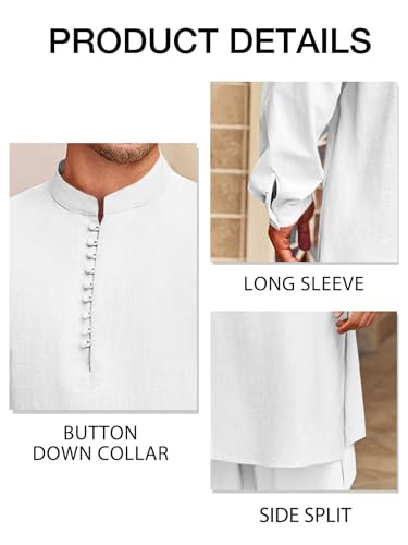 Runcati Mens Kaftan Thobe Button Down Henley Shirts Robe Long Sleeve Casual Cotton Linen Muslim Gown Shirt - color: White, size: X-Large