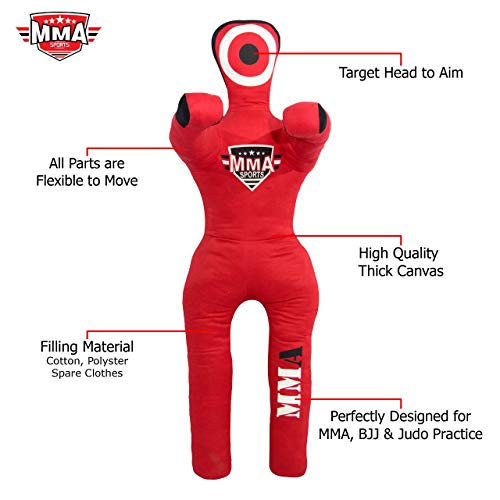 Kids Grappling Standing Dummy - Unfilled – Wrestling, Jiu-Jitsu, MMA Training Dummy with Moveable Arms and Legs – Durable Polyester Fabric - color: Red-Stand, size: 4 ft-49 Inch