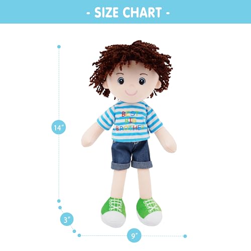 June Garden 14" Snuggle Cutie Benny – Best Big Brother Soft Plush Doll – Stuffed Boy Doll with Blue Striped Shirt and Green Shoes – Ideal Gift for Toddlers & Big Brother Celebrations - Blue M - color: 14" Big Brother Benny, size: Medium