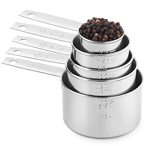 Laxinis World Stainless Steel Measuring Cups Set, 5-Piece, 1-Pack | Satin-brushed Steel, Engraved Metric and US Standard Markings, Elongated Handles, Nesting Ring Storage, and Dishwasher Safe