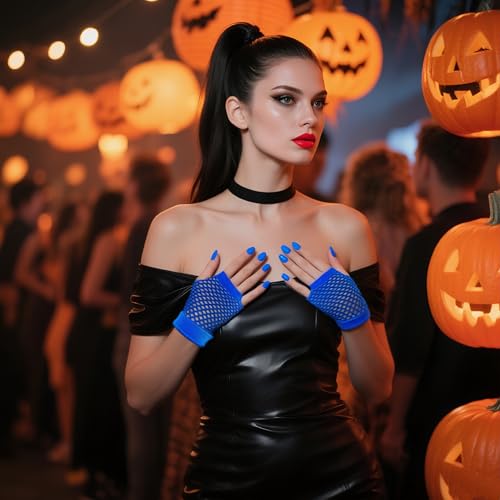 Short Fishnet Gloves for Women Fingerless Mesh Fishing Net Gloves 80s Fish Net Arm Sleeves Halloween Party Cosplay Costume - color: Royal Blue