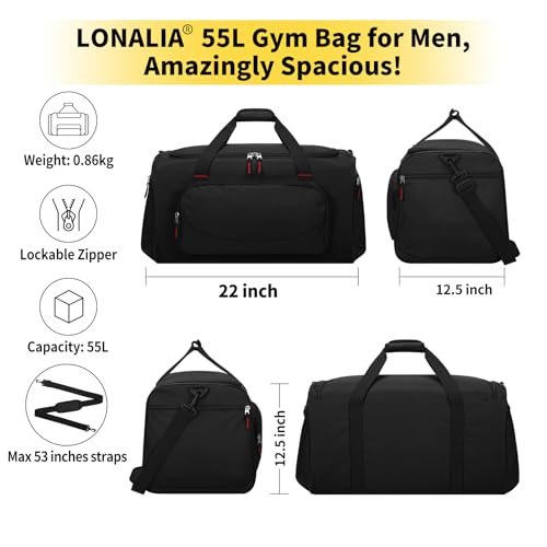 55L Sports Gym Duffle Bag for Men, 22 inch, Black | Large Capacity, Workout, Travel, Weekender, Fitness, Heavy Duty, Multi Pockets, Spacious - color: Black