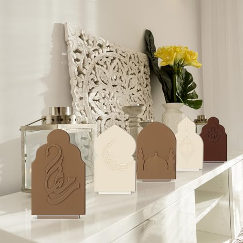 Yookeer 5 Pcs Ramadan Table Sign Acrylic Islamic Eid Mubarak Table Decor Monochrome Ramadan Mubarak Home Tabletop Decoration for Mosque Islamic Monochrome Sign Gifts