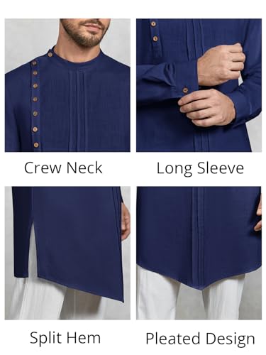 Gafeng Mens Kaftan Thobe Long Sleeve Robe Gown Casual Cotton Linen Button Muslim Shirt - color: Navy, size: Medium